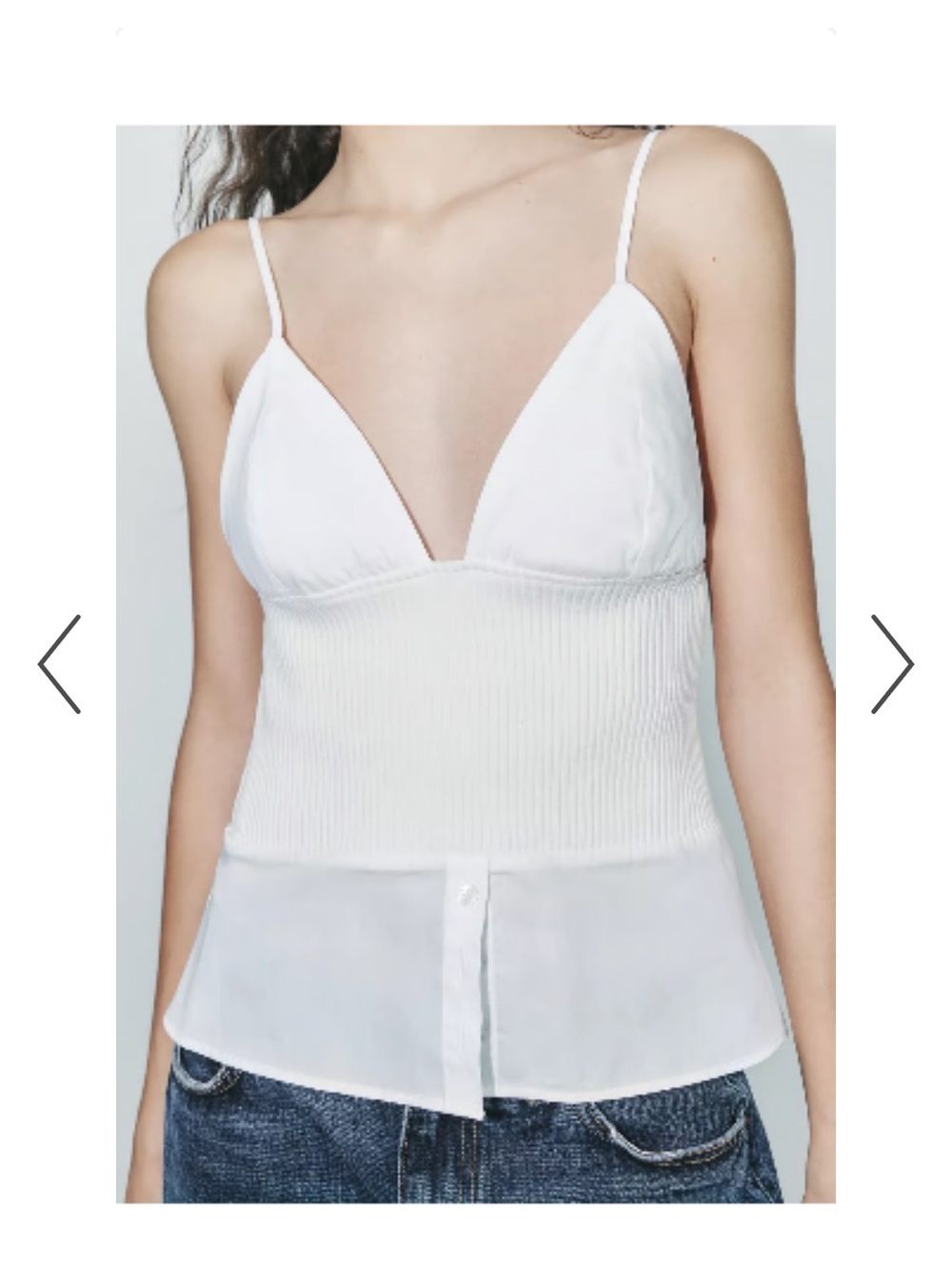 Zara White Ribbed V-Neck Camisole with Sheer Hem
